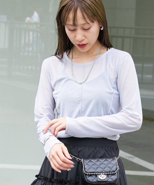 COLONY 2139(コロニートゥーワンスリーナイン)の「【7.29(土)12:00販売】シアーメロー切替トップス(Tシャツ/カットソー・レディース・グレー/ブラック/ネイビー/グリーン・F)」の1枚目の写真