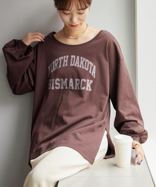 CIAOPANIC TYPY（チャオパニックティピー）の「ルーズボリュームスリーブカレッジチュニックTEE（Tシャツ/カットソー・レディース・ホワイト/レッド/ブラウン/グレー・ONE）」の3枚目の写真