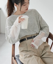 CIAOPANIC TYPY | シアーボーダー袖切替チュールTEE(Tシャツ/カットソー)
