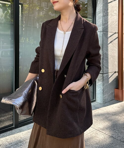 2382Z ラウンジドレス グレンチェック ダブルテーラードジャケット ブラウン 2382Z ラウンジドレス グレンチェック ダブルテーラードジャケット