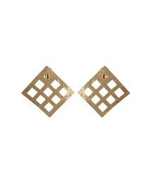 Gold Plated Brass Grid Pendant Clip Earrings