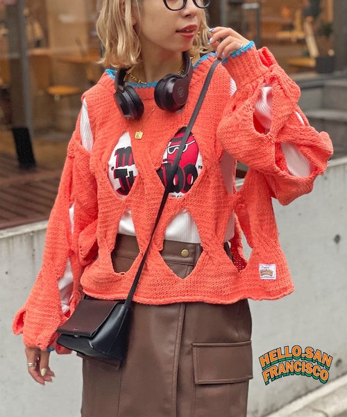CIAOPANIC(チャオパニック)の「【HELLO.SANFRANCISCO】モールヤーンフェード透かし編みニット(ニット/セーター・レディース・オレンジ・ONE)」の1枚目の写真