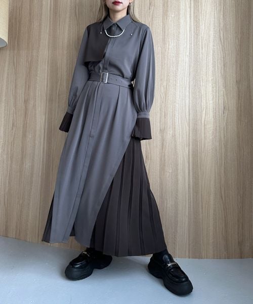 【美品】HARE　ハレ　サイドプリーツ　ロングワンピース　異素材　ベルト付 HARE（ハレ）の「サイドプリーツワンピース（）」 - WEAR