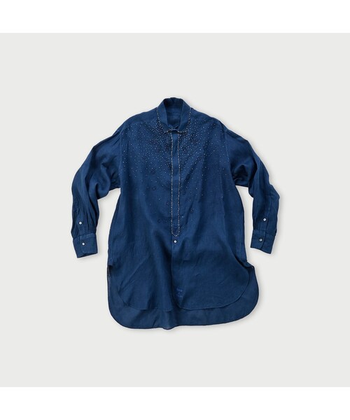 インドリネンガーゼのハンドフラワービーズシャツ（藍）の1枚目の写真