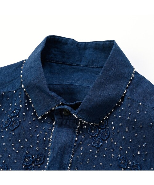 インドリネンガーゼのハンドフラワービーズシャツ（藍）の3枚目の写真