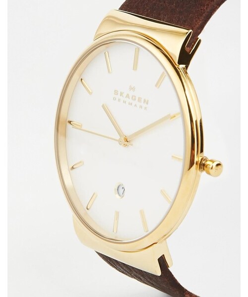 SKAGEN(スカーゲン)の「Skagen Leather Strap Watch With Gold Detail SKW6142(アナログ腕時計・メンズ・brown)」の2枚目の写真