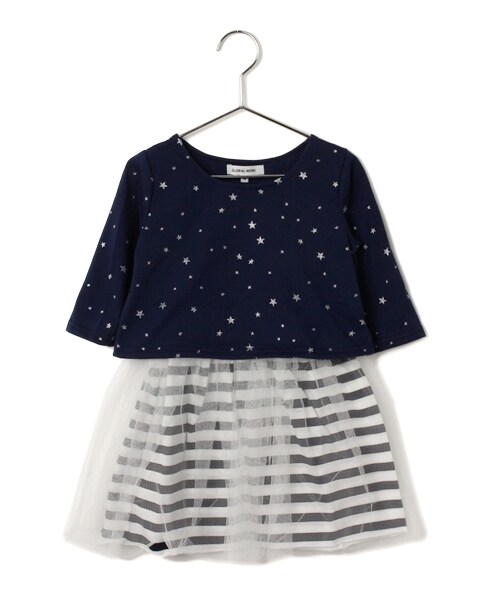 GLOBAL WORK（グローバルワーク）の「チュールスカートレイヤードワンピース７分袖（ワンピース/ドレス・キッズ・ボーダー01/グレー15/ネイビー88・Ｓ/Ｍ/Ｌ/ＸＬ）」の3枚目の写真
