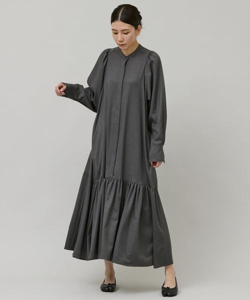 カレンソロジー　ウールサキソニーシャツワンピース ロング ライトグレー F カレンソロジー ウールサキソニーシャツワンピース ロング