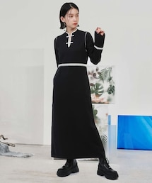 HARE チャイナボタンニットワンピース　ブラック　長袖　フリーサイズ HARE（ハレ）の「チャイナボタンニットワンピース(HARE