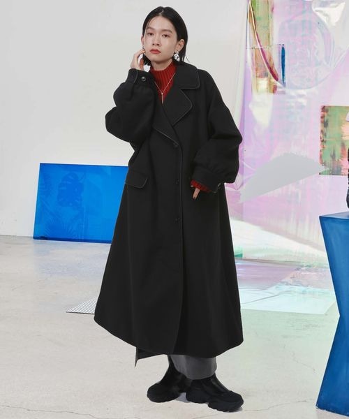 ガレスピュー　変形コート　ジャケット　ハイネック　レザーパイピング　黒　ウール ガレスピュー 変形コート ジャケット ハイネック レザーパイピング 黒