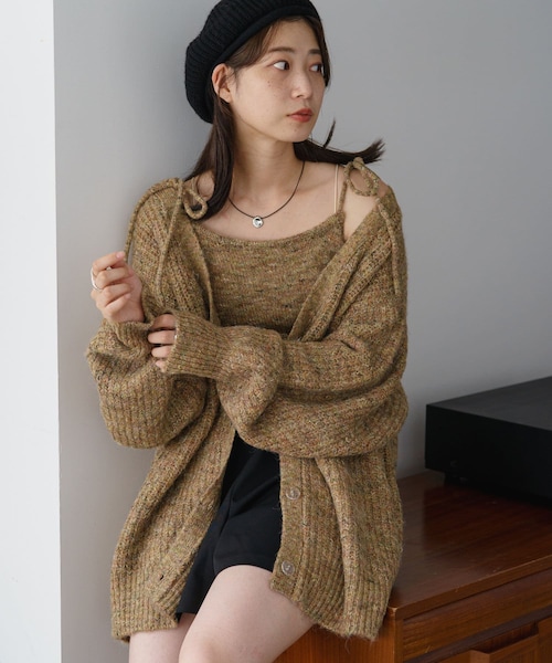 Kastane（カスタネ）の「【8.17(木)12：00発売】リボンニットキャミ×ロングカーデSET（カーディガン/ボレロ・レディース・アイボリー/ブラウン/チャコールグレー/ピンク・F）」の3枚目の写真