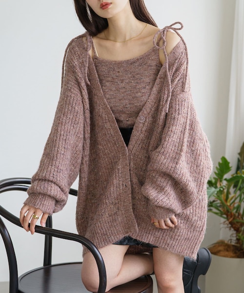 Kastane（カスタネ）の「【8.17(木)12：00発売】リボンニットキャミ×ロングカーデSET（カーディガン/ボレロ・レディース・アイボリー/ブラウン/チャコールグレー/ピンク・F）」の4枚目の写真