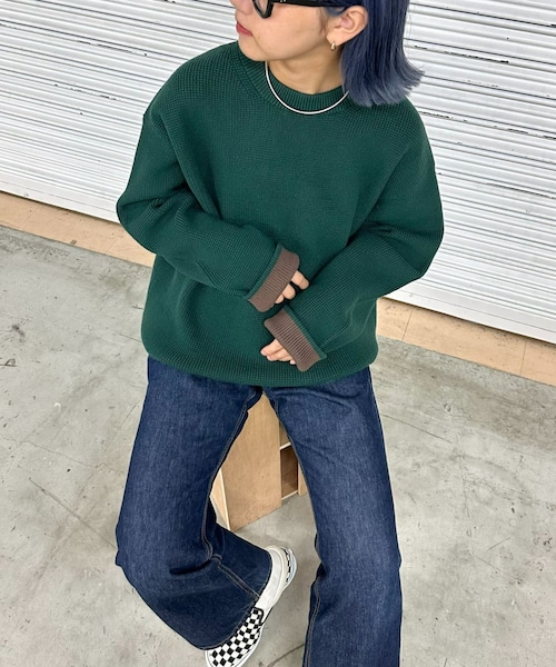 CIAOPANIC TYPY（チャオパニックティピー）の「【ユニセックス】キープシェイプワッフルニットプルオーバー（ニット/セーター・レディース・エクリュ/オレンジ/グリーン/ダークグリーン/スカイブルー/チャコールグレー/グレージュ/サックスブルー/サーモンピンク・S/M/L）」の5枚目の写真