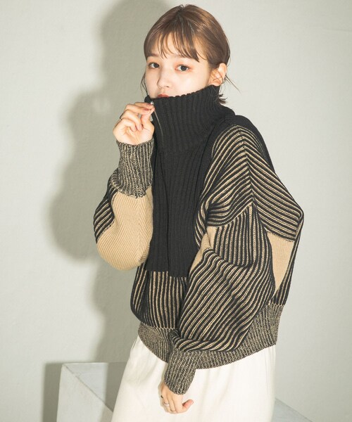 KBF（ケイビーエフ）の「レイヤードハーフZIPニット（トップス・レディース・IVO×BLUE/BLACK/GRAY×ORG・one）」の14枚目の写真