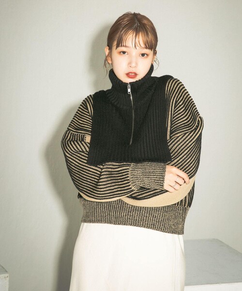 KBF（ケイビーエフ）の「レイヤードハーフZIPニット（トップス・レディース・IVO×BLUE/BLACK/GRAY×ORG・one）」の12枚目の写真