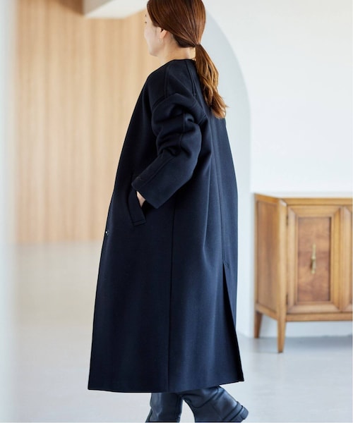 JOURNAL STANDARD ノーカラーロングジャケット ネイビー ストレッチファインロングノーカラージャケット - SOÉJU online store