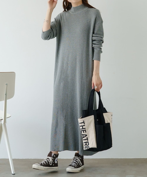 PUAL CE CIN(ピュアルセシン)の「ワッフルニットハイネックワンピース(ワンピース/ドレス・レディース・グレイッシュベージュ/グレー/オレンジ/ブラック・FREE)」の3枚目の写真