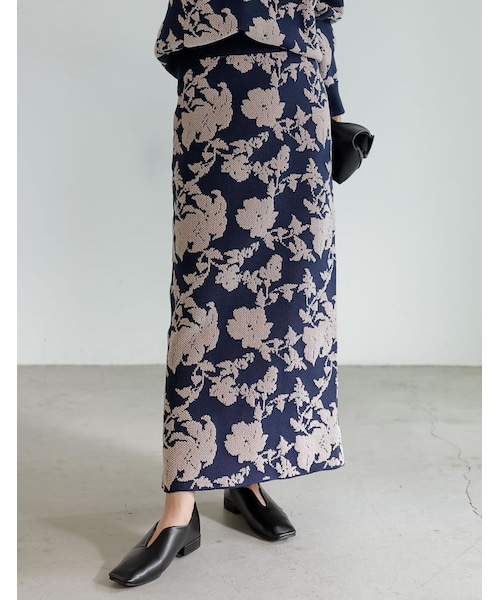 y♡新品♡今季品♡ジャガードローズプリントスカート ブラック marvelous by Pierrot スカート ジャカード フリンジ フラワー