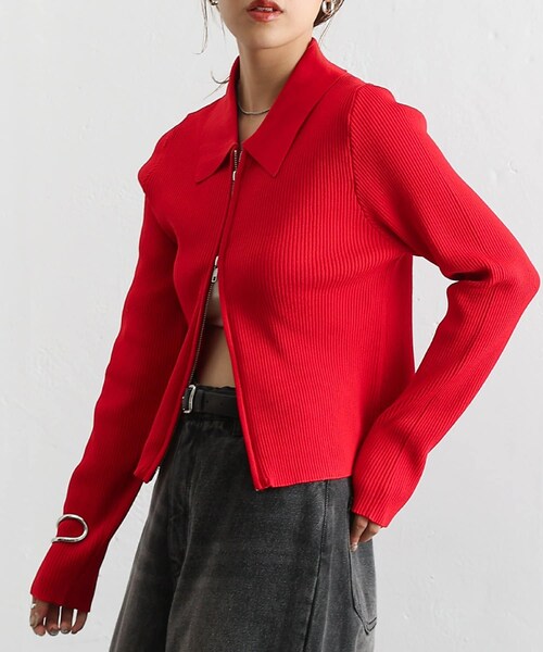 COLONY 2139（コロニートゥーワンスリーナイン）の「【9/16(土)12:00販売】エステルヤーン衿付きダブルジップリブトップス（カーディガン/ボレロ・レディース・グレージュ/グレー/レッド/ブラック・F）」の4枚目の写真