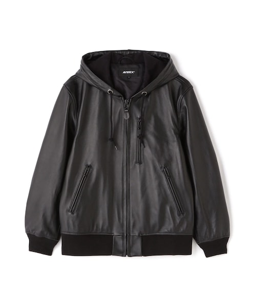 AVIREX フード付きブラックレザージャケット 直営店別注》 COMFORTABLE LEATHER HOOD JACKET