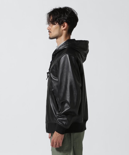 AVIREX フード付きブラックレザージャケット 直営店別注