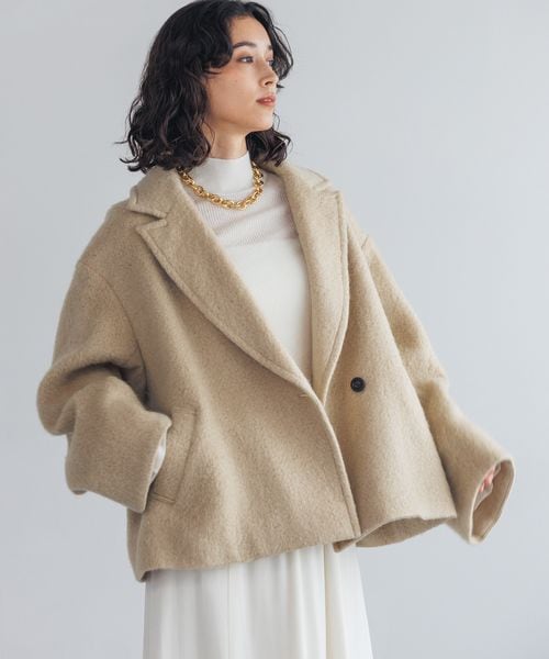 極美品✨上質ウール アルパカ・モヘア混 ヘリンボーン コート L ベージュ系 A part by（アパートバイ）の「ヘリンボーンモヘアコート/WEB先行予約