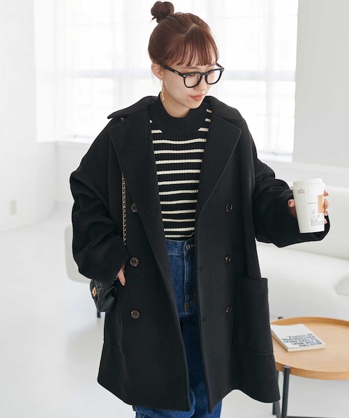 DISCOAT（ディスコート）の「【ユニセックス】ビッグピーコート（ピーコート・レディース・モカ/ブラック・F）」の2枚目の写真