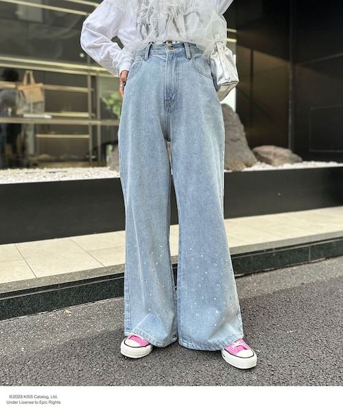 CIAOPANIC（チャオパニック）の「パールダメージフレアデニムパンツ 