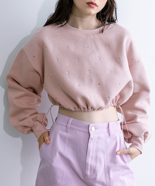 OLIVE des OLIVE（オリーブデオリーブ）の「【WEB/一部店舗限定カラーあり】きらきらクロップドトップス（Tシャツ/カットソー・レディース・オフホワイト/サックスブルー/ブラック/ピンク・FREE）」の4枚目の写真