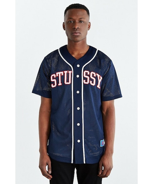 STUSSY メッシュ ベースボールシャツ XL ネイビー STUSSY ステューシー シャツ サイズ:M アーチロゴ メッシュ