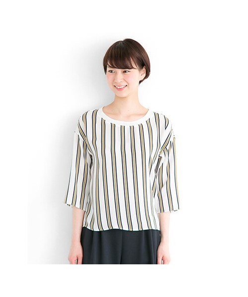 URBAN RESEARCH（アーバンリサーチ）の「レジメンストライプブラウス（トップス・レディース・OFF×YEL/NVY×GRN・FREE）」の7枚目の写真