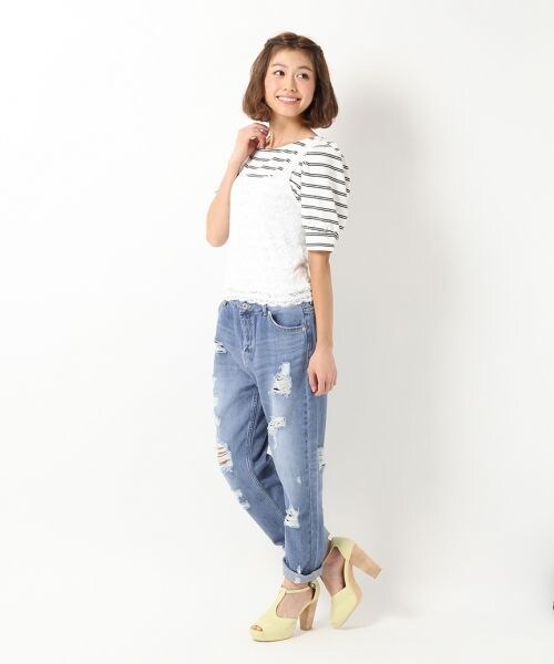 Heather(ヘザー)の「【今季マストアイテム!!】ダメージデニムボーイフレンドパンツ(パンツ・レディース・ホワイト/ライトブルー/ブルー・S/M)」の10枚目の写真