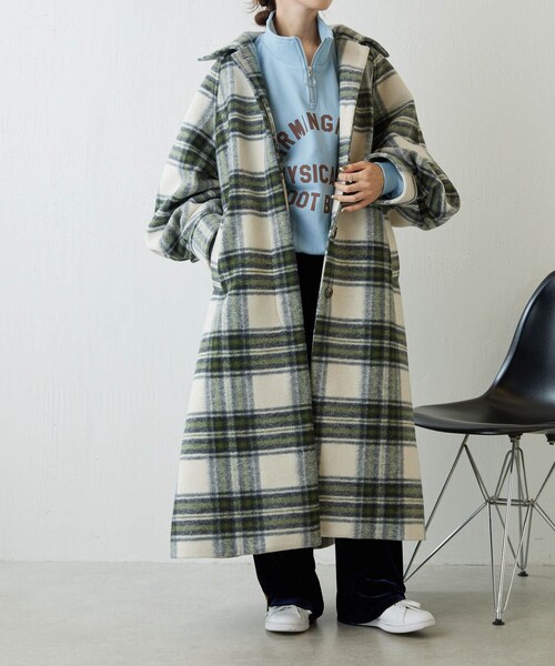 COLLAGE GALLARDAGALANTE(コラージュガリャルダガランテ)の「チェックロングコート(ステンカラーコート・レディース・ベージュ/グリーン・F)」の2枚目の写真