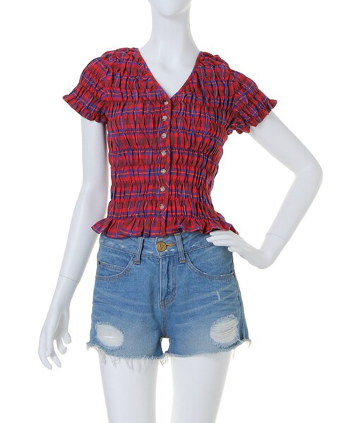 dazzlin（ダズリン）の「【R】チェックシャーリングトップス（トップス・レディース・レッド/グリーン/ネイビー・F）」の2枚目の写真