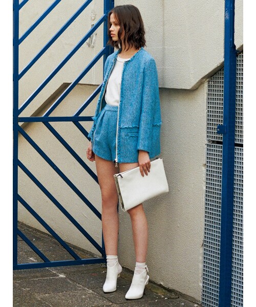 EMODA（エモダ）の「DENIM TWEED ハイウエスト ショートパンツ（パンツ・レディース・ホワイト/アイスブルー/インディゴ）」の4枚目の写真