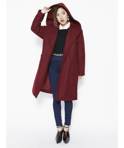 EVRIS（エヴリス）の「ビックショールウールロングコート（ジャケット/アウター・レディース・ブラック/ボルドー・F）」の5枚目の写真