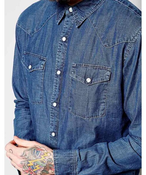 EDWIN（エドウィン）の「Edwin Menphis Denim Shirt Slim Fit Western Heavy Stone Wash（シャツ/ブラウス・メンズ・blue・L-Chest 40-42"/M-Chest 38-40"/S-Chest 36-38"）」の3枚目の写真