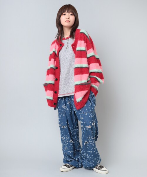 RNA（アールエヌエー）の「早トク10倍【11月下旬納期】K2660 シャギーボーダールーズカーディガン（トップス・レディース・レッド/ラベンダー）」の6枚目の写真