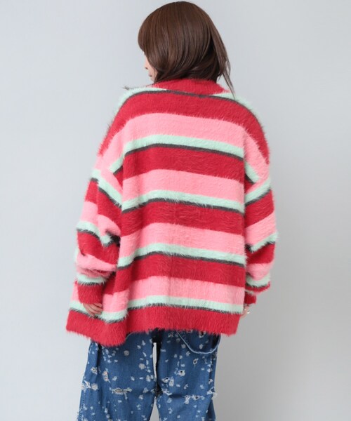 RNA（アールエヌエー）の「早トク10倍【11月下旬納期】K2660 シャギーボーダールーズカーディガン（トップス・レディース・レッド/ラベンダー）」の5枚目の写真