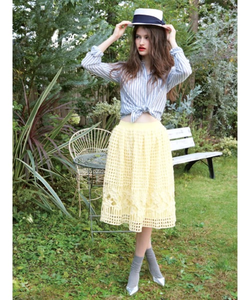 MERCURYDUO（マーキュリーデュオ）の「【DUO】 格子レースギャザースカート（スカート・レディース・オフホワイト/ライトイエロー/ネイビー/ラベンダー・F）」の5枚目の写真