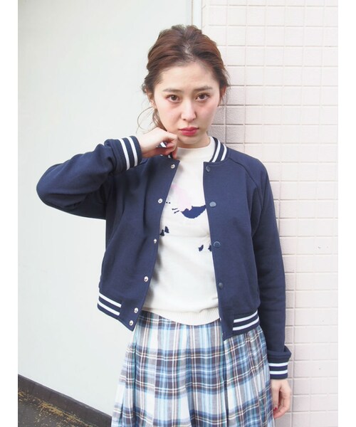 merry jenny（メリージェニー）の「スウェットスタジャン（ジャケット/アウター・レディース・ライトグレー/ピンク/ネイビー）」の4枚目の写真