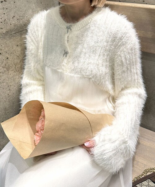 〈セット〉リボンジャガードロングパンツ　 カーディガン　ホワイト セット〉リボンジャガードロングパンツ カーディガン ホワイト セット