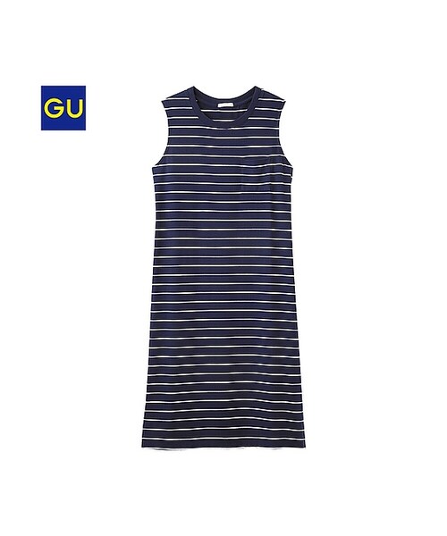GU（ジーユー）の「（GU）ボーダーミディワンピース（ノースリーブ）（WOMEN ⁄ ワンピース・レディース・BEIGE/GRAY/NAVY・S/XL/M/L）」の3枚目の写真