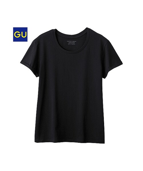 GU(ジーユー)の「(GU)ロールアップスリーブT(半袖)(WOMEN ⁄ カットソー(Tシャツ)・レディース・OFF WHITE/GRAY/YELLOW/BLACK/BLUE/PINK・L/M/S/XL)」の2枚目の写真