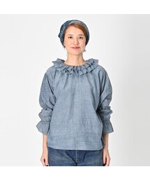 美品✨フォーティファイブアール フリル バンドカラー ロングシャツ 濃紺 45rpm - 美品 45R フォーティファイブアール ウォッシャブル