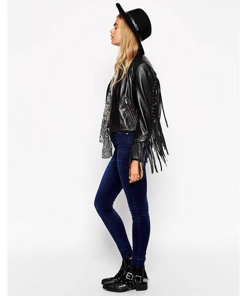 asos(エイソス)の「ASOS Biker Jacket With Fringe Detail In Leather(ライダースジャケット・レディース・black・US 4/US 10/US 0/US 2/US 12/US 6/US 8)」の2枚目の写真