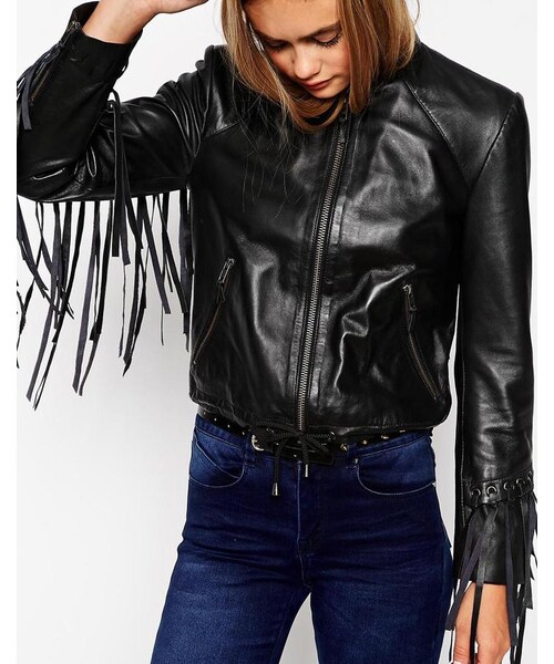 asos(エイソス)の「ASOS Biker Jacket With Fringe Detail In Leather(ライダースジャケット・レディース・black・US 4/US 10/US 0/US 2/US 12/US 6/US 8)」の3枚目の写真