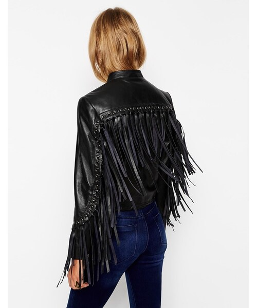 asos(エイソス)の「ASOS Biker Jacket With Fringe Detail In Leather(ライダースジャケット・レディース・black・US 4/US 10/US 0/US 2/US 12/US 6/US 8)」の4枚目の写真
