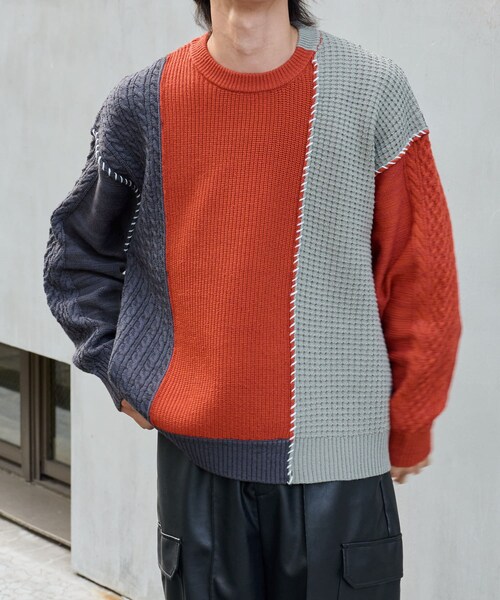 COLONY 2139（コロニートゥーワンスリーナイン）の「クレイジードッキングニット（ニット/セーター・メンズ・グレー/オレンジ・M/L）」の2枚目の写真