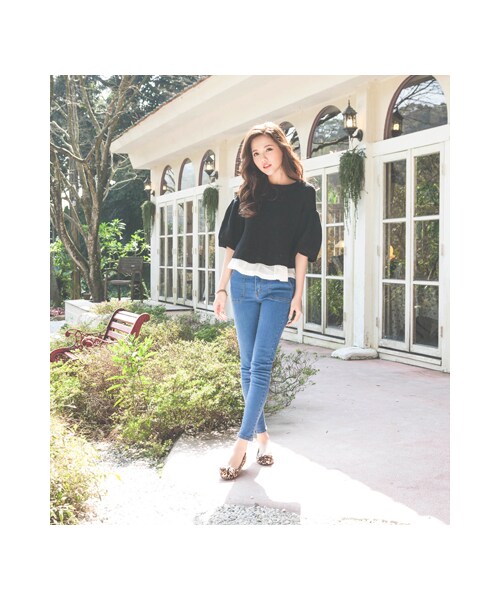 gracegift（グレースギフト）の「清新拼接下擺雪紡公主袖針織上衣（その他・レディース・白/黑・F）」の11枚目の写真